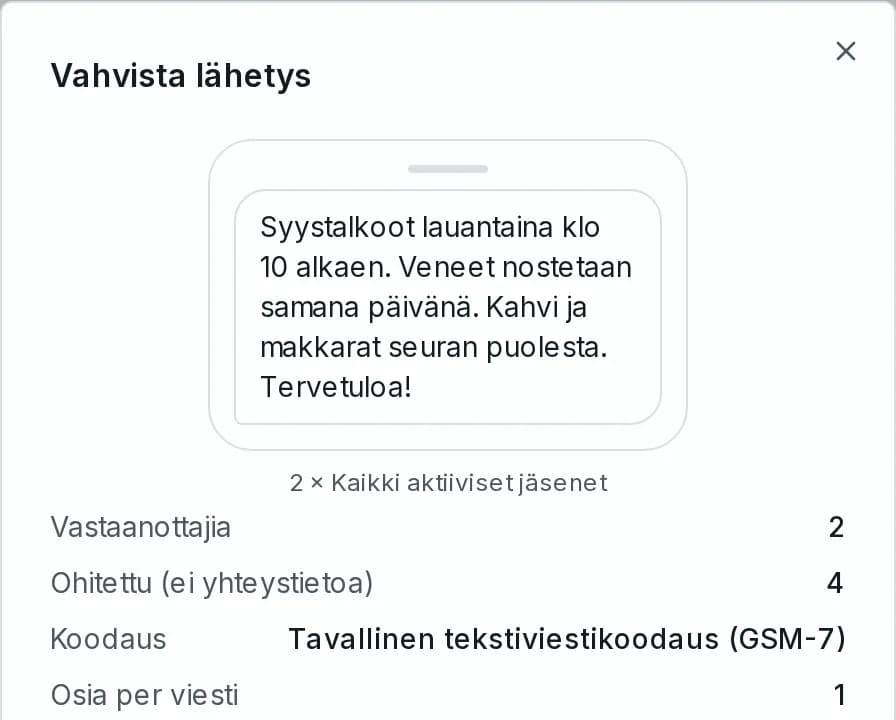 Tekstiviestin esikatselu ennen lähetystä: viesti, vastaanottajien määrä, merkistö ja viestin osat