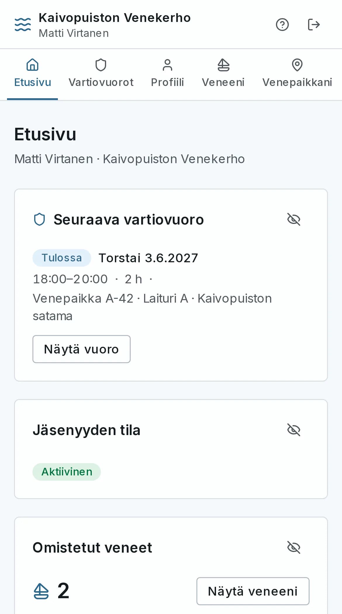 Jäsenen etusivu puhelimessa: seuraava vartiovuoro, jäsenyyden tila, omat veneet ja venepaikka